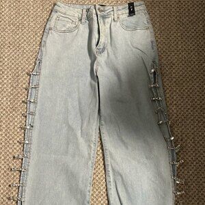 NWT AKIRA blue denim blinged out sided rhinestone jeans